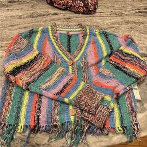 Pilcro Multicolor Striped Fringe V-Neck Cardigan - Green Blue Pink Orange Yellow